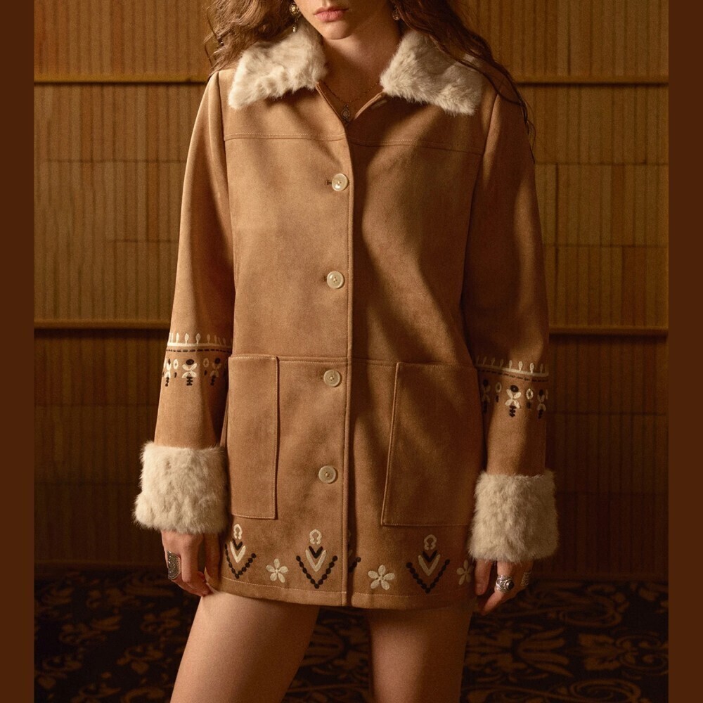 Tan Faux Suede Vegan Fur Collar Cuff Button Front Patterned Coat